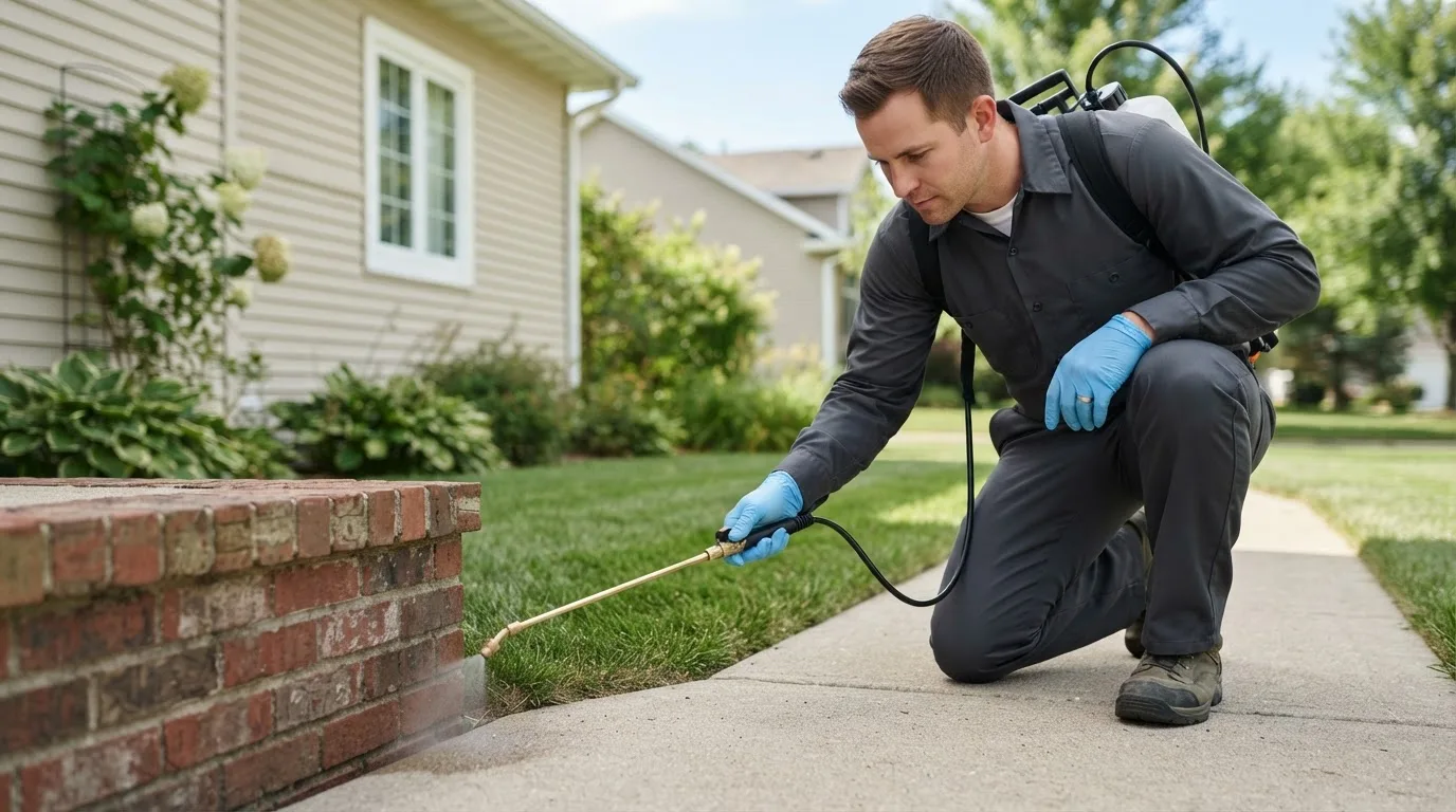 Pest control technician treating a home near Minneapolis, MN